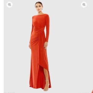 Mac Duggal Orange Ruched Long Sleeve Cowl Neck Gown
